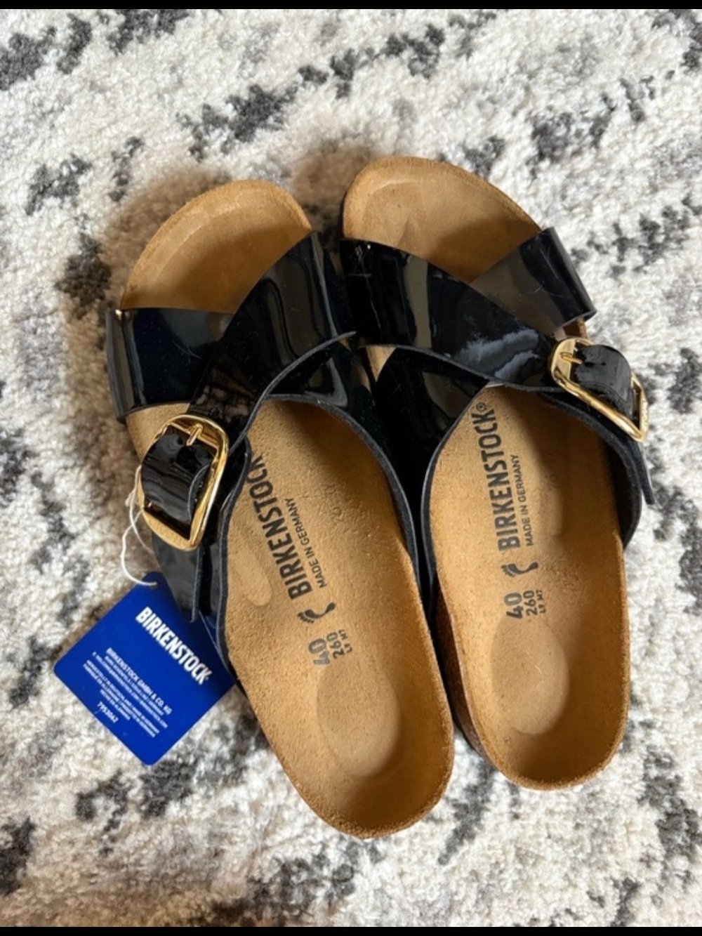 Birkenstock Black Patent Two-Strap Sienna Sandals with Gold Buckles
